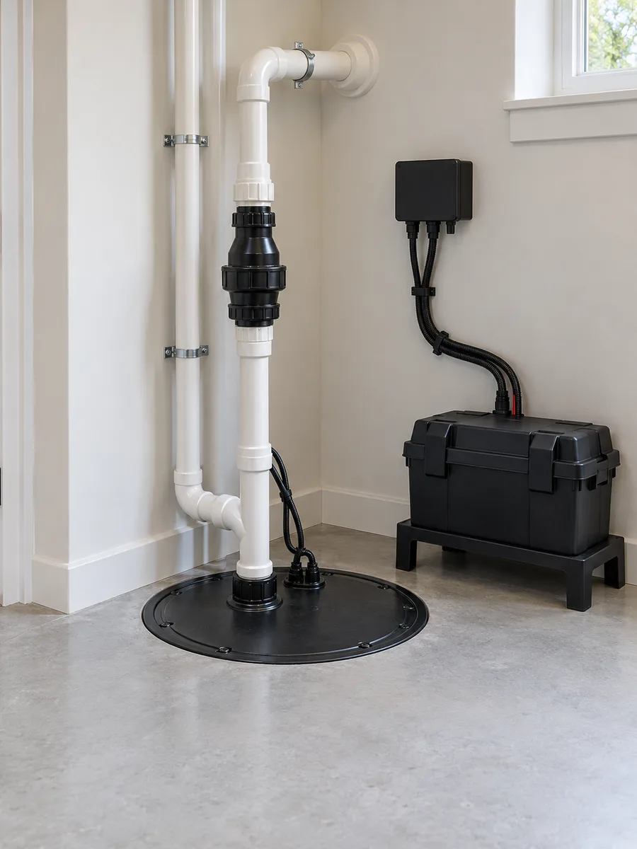 Real SafeStep installation showing the sump pit, lid and visible discharge piping